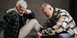 Two seniors playing a board game in a warm, sunlit room.