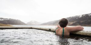 A scenic view of an accessible, modern thermal spa facility designed for ease of movement.