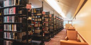 Modern and inclusive public library interior featuring comfortable seating for all ages.