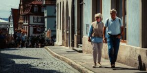 An active senior couple walking through a historic cobblestone street using trekking poles.