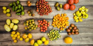 A collection of heirloom seeds in envelopes on a wooden garden table.