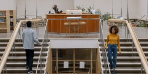 A welcoming, modern, and accessible library interior designed for all ages.
