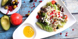 A balanced, colorful meal rich in whole grains and vegetables.