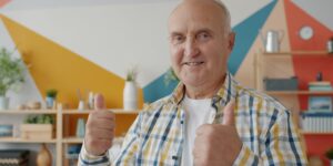 A bright and safe living room environment with optimized lighting for seniors.