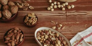 A healthy selection of B12-rich foods on a wooden table representing nutritional wellness for seniors.