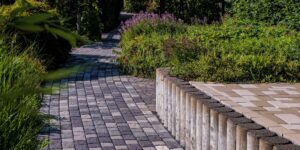 An accessible, wide-paved path in a lush botanical garden designed for senior visitors.