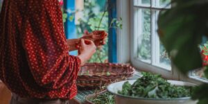 A peaceful kitchen scene showing fresh herbs drying in the sunlight.