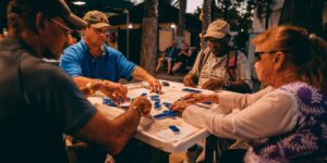 A group of older adults playing strategy games in a bright community space.