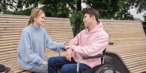 A modern, accessible public park in 2026 with ergonomic seating for all ages.
