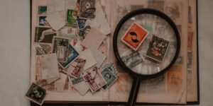 A magnifying glass placed on a vintage stamp album representing the hobby of philately.