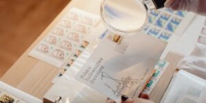 An elderly person examining a stamp with a magnifying glass.