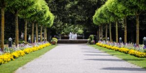 A serene, accessible European garden with wide paths and comfortable seating.