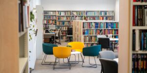 A welcoming and modern public library space designed for community interaction and learning.