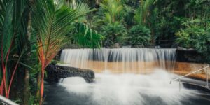 A serene and accessible hot spring resort exterior featuring ramps and natural surroundings.