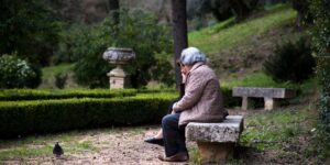 An older adult enjoying bird-sketching in a peaceful garden setting.