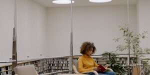 A bright, modern library interior designed for comfort and accessibility.