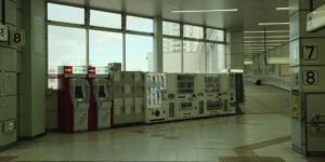 A modern, accessible public service kiosk in a bright city square.