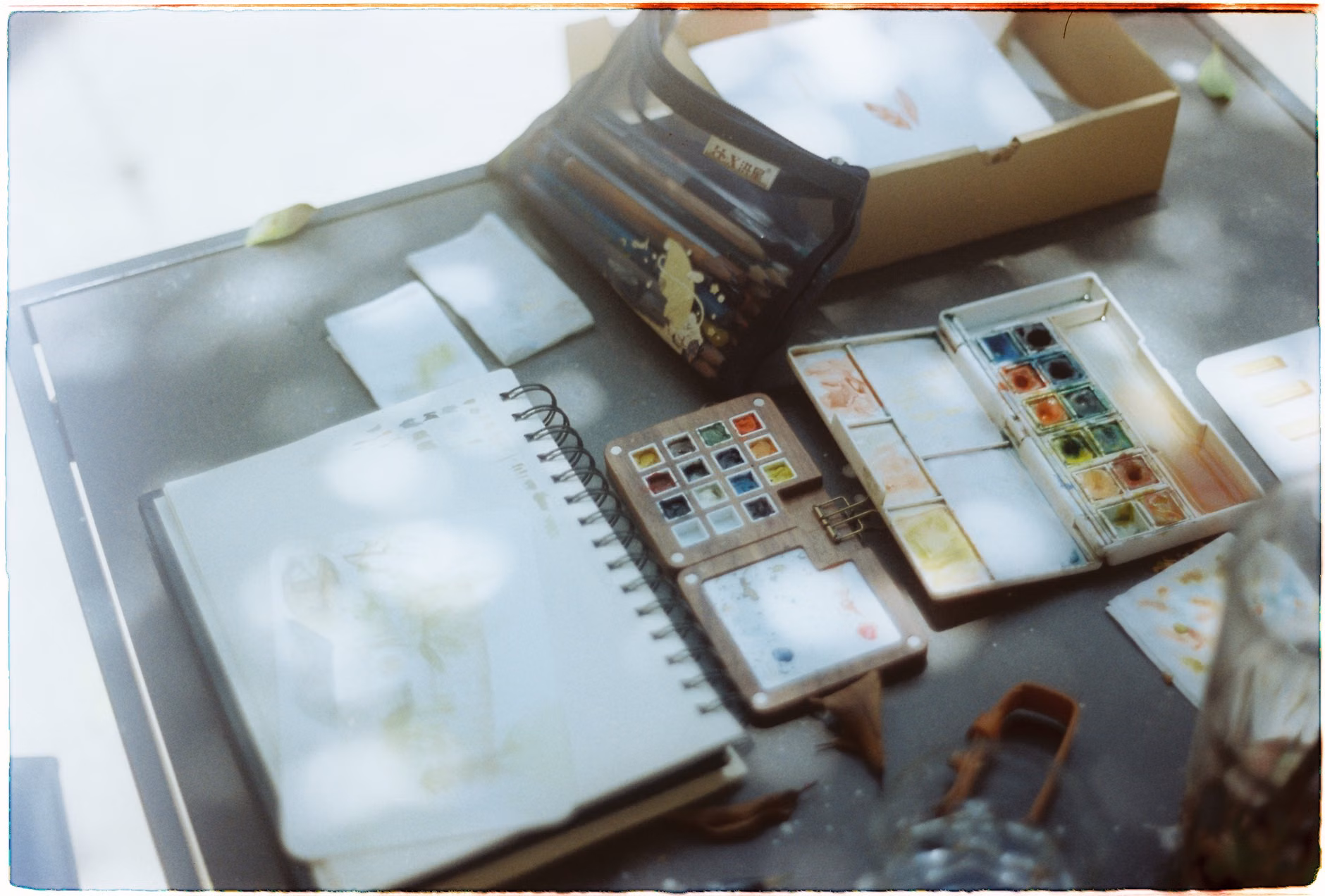 A portable sketching setup in a serene botanical garden.