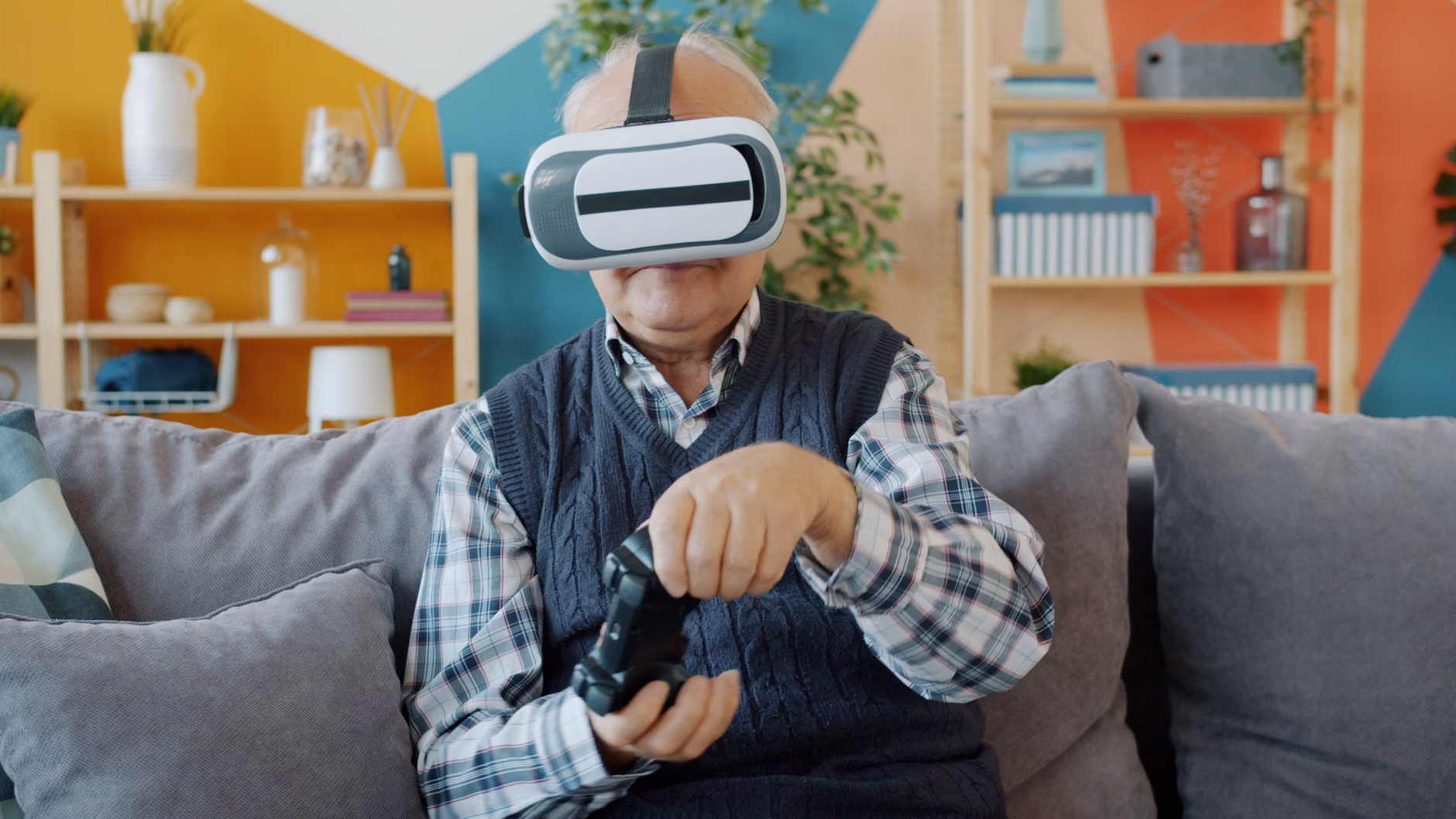 An older adult using a lightweight VR headset to experience a remote historical site.