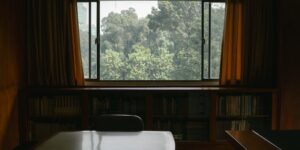A serene and intellectually stimulating library space overlooking a city skyline.
