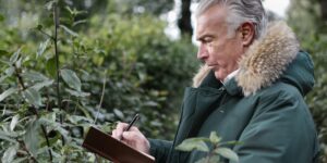 A senior adult observing the sky and taking notes in a journal for weather tracking.