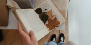 Hands carefully pressing an autumn leaf inside a book.