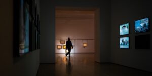 A senior traveler walking comfortably through a modern museum gallery.