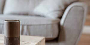 A modern, accessible living room designed for smart home technology.