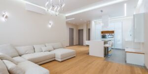 A modern, energy-efficient living room setting.