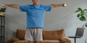 An active senior person performing seated exercises in a comfortable home environment.