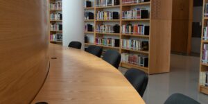 Modern and accessible public library seating layout designed for all ages.
