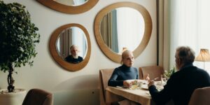 A senior couple enjoying a relaxed dining experience in a spacious and accessible cruise ship buffet.