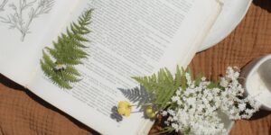 Close-up of hands arranging a fern for pressing.
