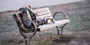 A modern age-friendly park bench with armrests in a sunny public park.