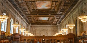 A scenic view of a grand, accessible historic library interior.