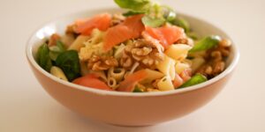 A healthy, balanced meal containing choline-rich foods like salmon and vegetables.