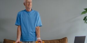 An older adult practicing seated posture exercises in a home environment.