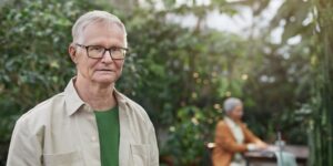 An older adult practicing photography in a garden, focusing on composition.