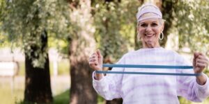 An older adult exercising with a resistance band to maintain muscle mass.