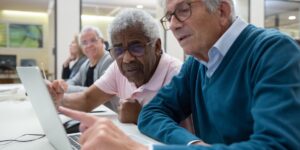 A diverse group of active seniors planning a trip with a tablet in a sunny, accessible plaza.
